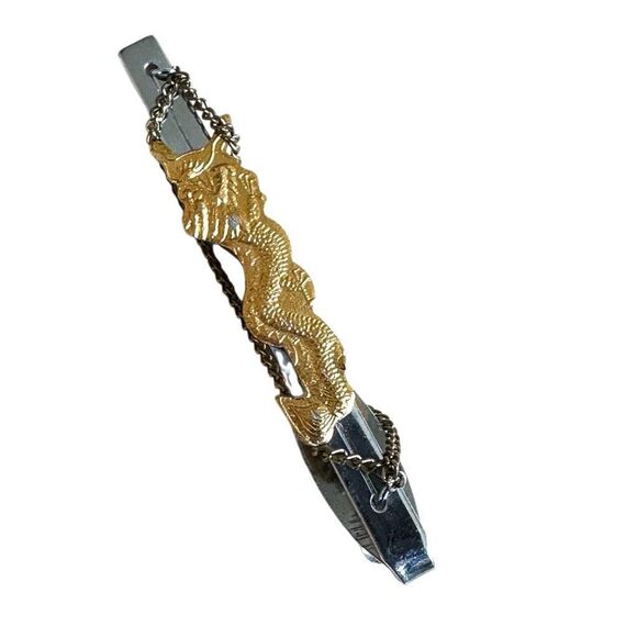 Vintage Gold Dragon Tie Clip w/ Chain Accent - Picture 5 of 9